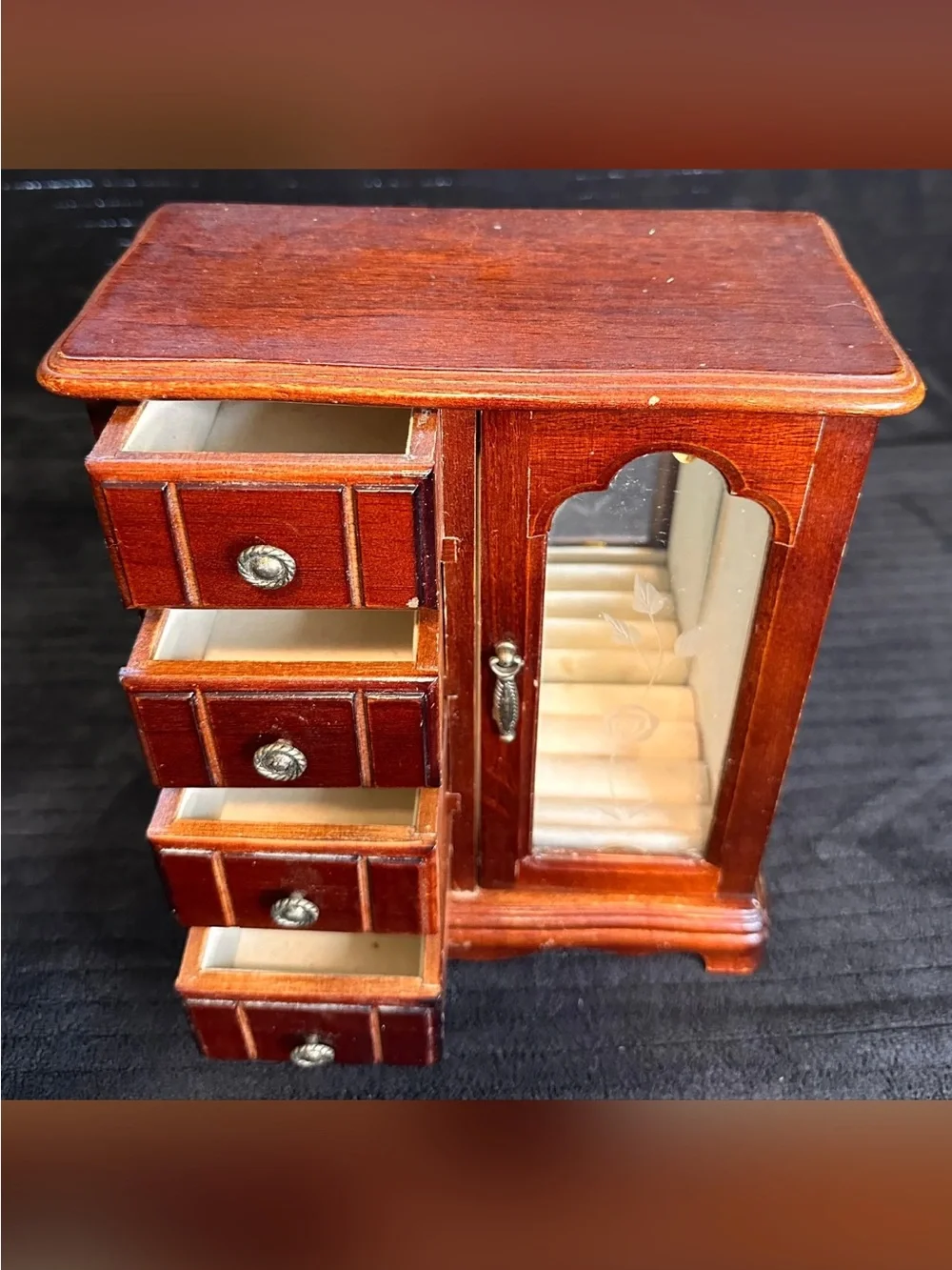 Vintage Wooden Jewelry Armoire Cabinet w/ Drawers, Mirror & Glass Door